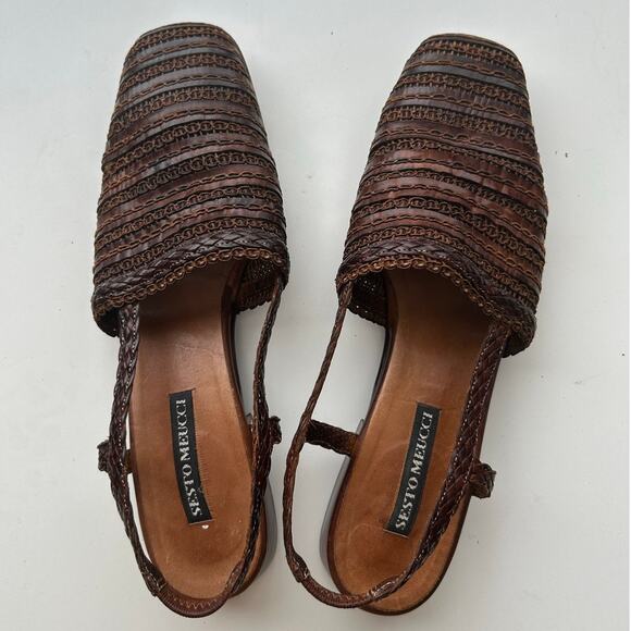 Sesto Meucci Shoes - Vintage Sesto Meucci Woven Leather Slingback Sandals Brown - Made in Italy 8.5N
